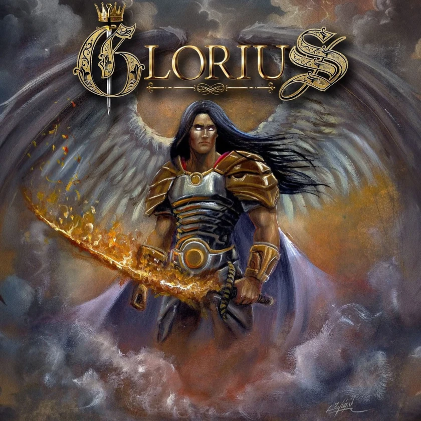 Portada del álbum Eterno de GLORIUS, guerrero celestial con alas y espada de fuego